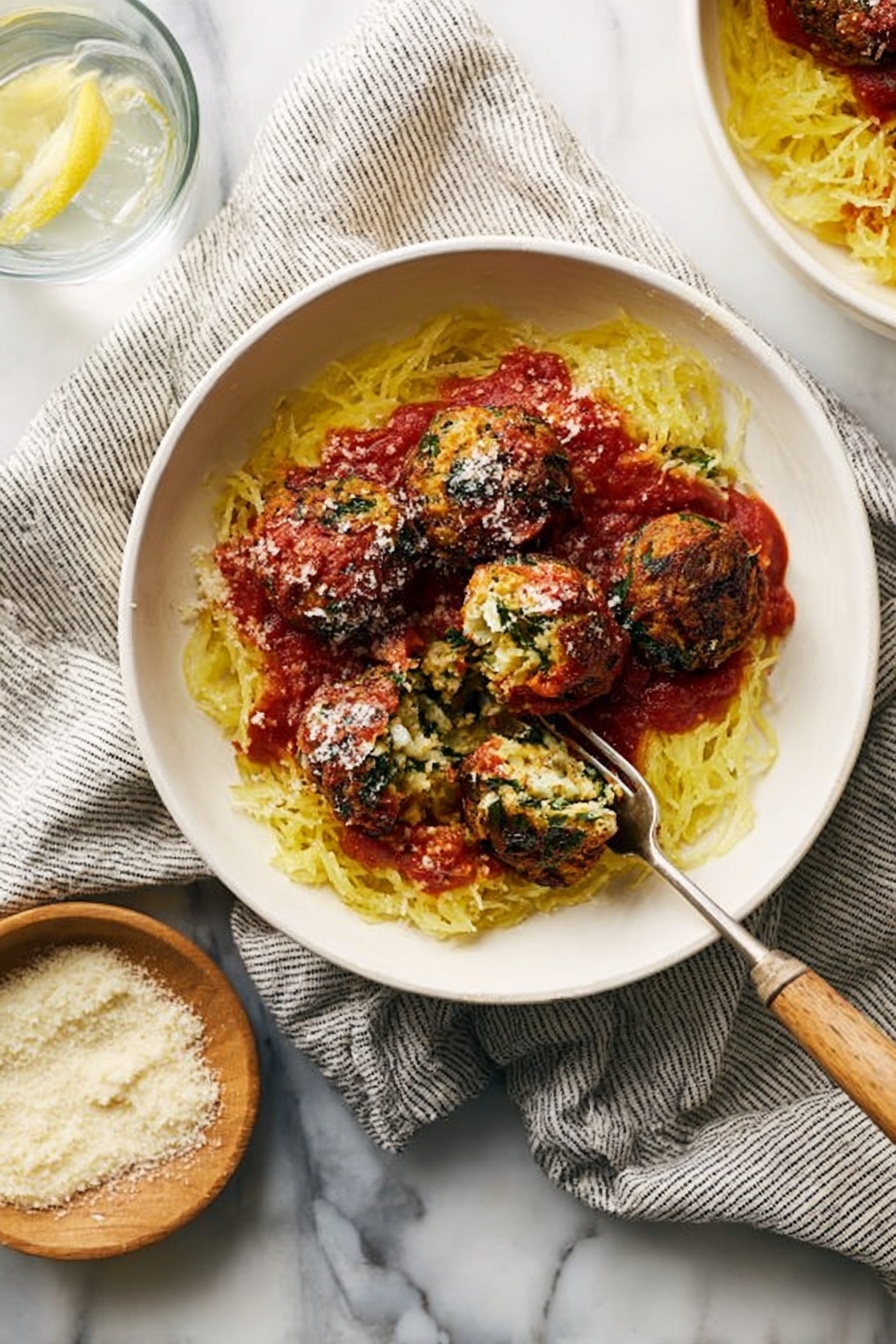 Chicken Florentine Meatballs with Spaghetti Squash, healthy chicken meatballs with spinach and parmesan, low-carb Italian dinner ideas, gluten-free spaghetti squash recipes, flavorful tomato mushroom sauce with chicken - A white bowl sits on a white marbled surface with a gray and white striped cloth underneath, filled with a yellow spaghetti squash layer at the bottom that looks soft and stringy. On top, there is a thick red tomato sauce spread unevenly, covering parts of the squash. On the sauce, there are five round, golden-brown spinach balls with crispy edges, one of which is cut open showing a green and white filling inside. A silver fork with a wooden handle rests in the bowl, pressing into one of the spinach balls. A small wooden dish of grated cheese and another white bowl with the same dish are partly visible nearby, along with a glass of water with a lemon slice. photo taken with an iphone --ar 2:3 --v 7