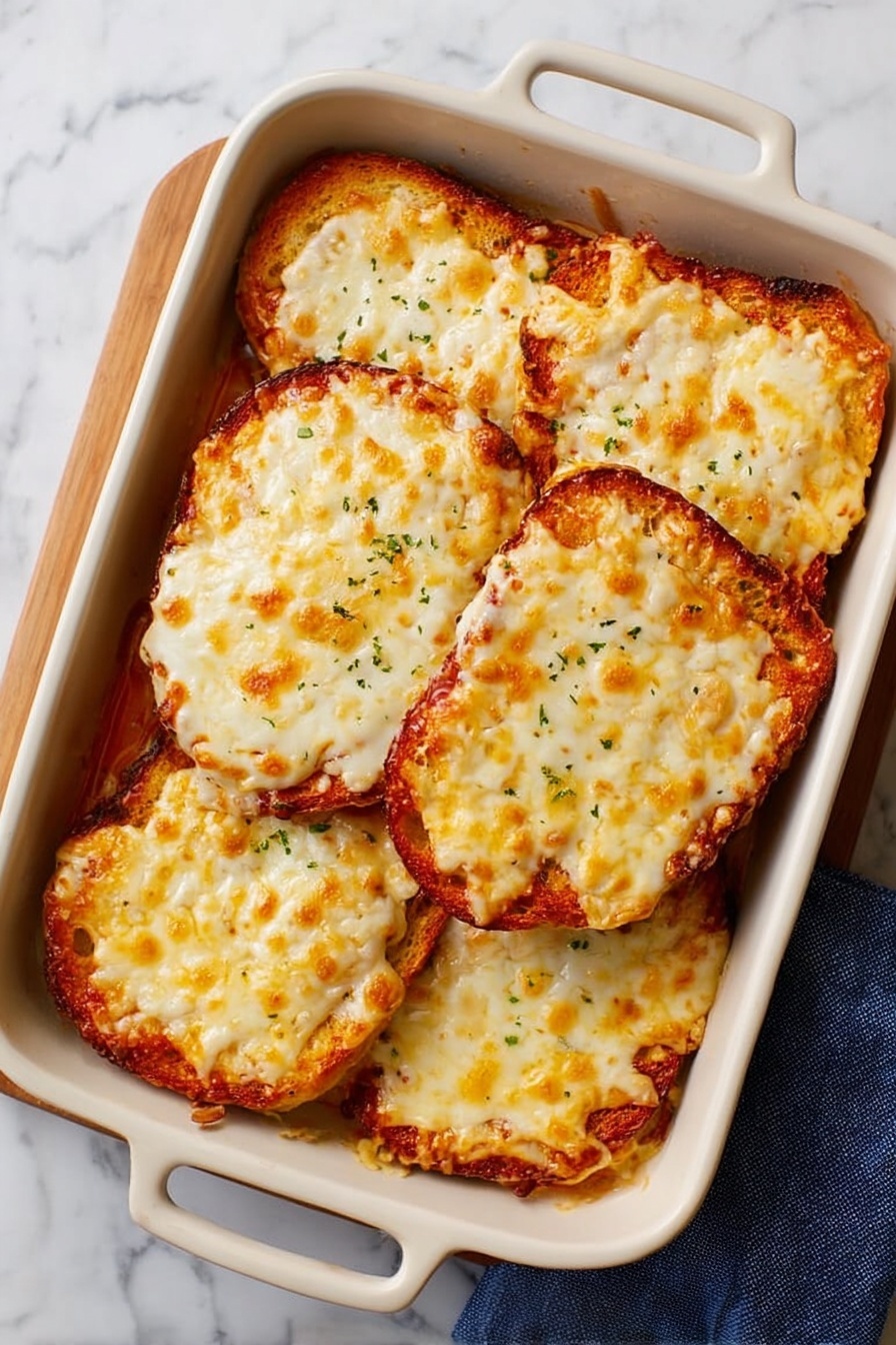 Cheese and Tomato Soup Bake, tomato soup bake, cheesy baked tomato soup, comfort food casserole, easy tomato soup dinner - The image shows a white rectangular baking dish with blue handles filled with six square slices of baked lasagna. Each slice has a top layer of melted golden cheese that is lightly browned in some spots, with a slightly bubbled and textured surface. Beneath the cheese layer, a rich red tomato sauce is visible along the edges, suggesting multiple layers of sauce and pasta below. The dish is placed on a wooden board, with a white marbled surface underneath. Part of a white plate and a green-striped towel are also visible on the side. photo taken with an iphone --ar 2:3 --v 7