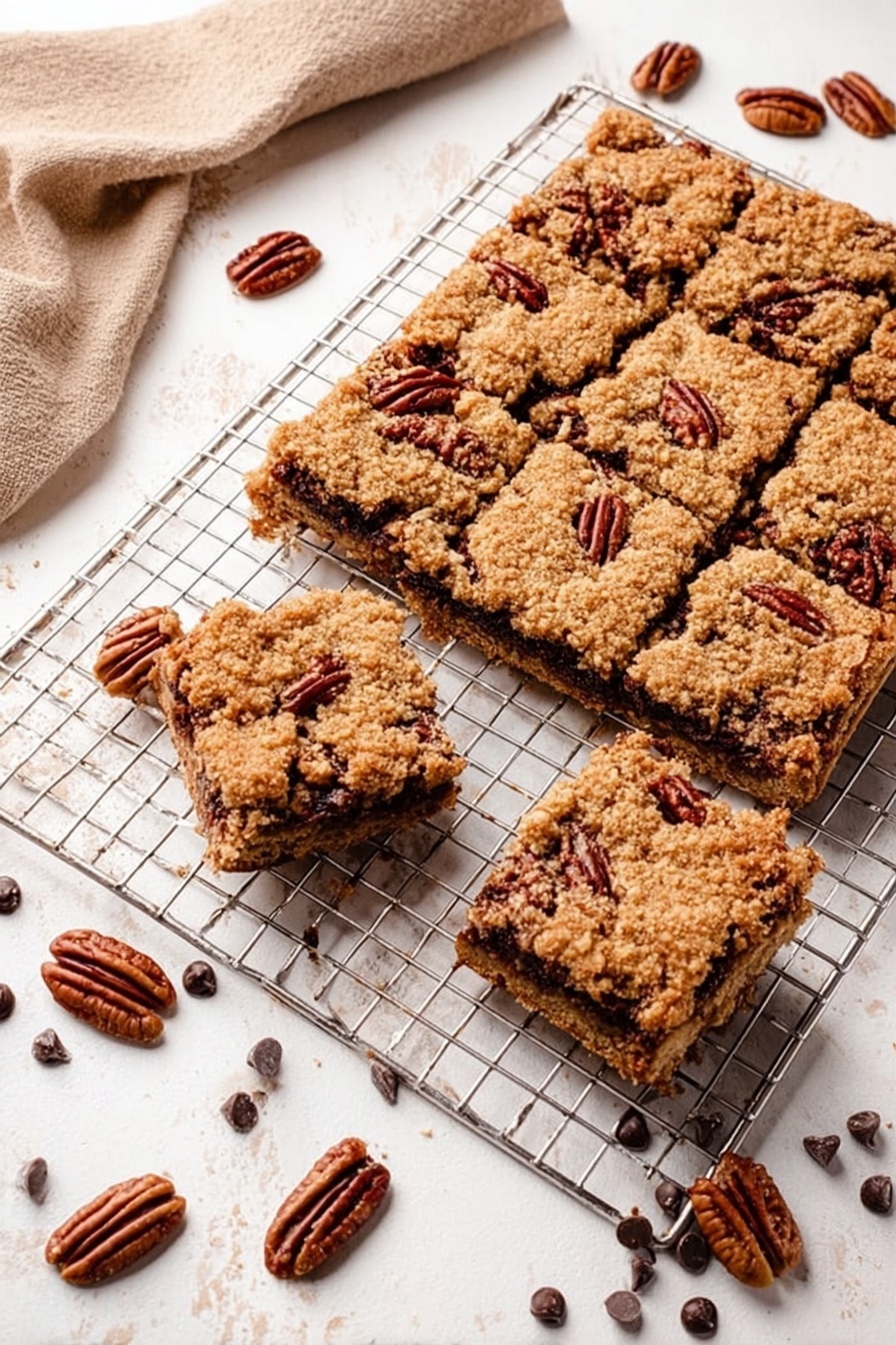 Chocolate Caramel Oat Bars, easy oat caramel bars, decadent chocolate caramel dessert, homemade oat bars, chewy caramel chocolate bars - The image shows a close-up view of a thick bar on a metal cooling rack. The bar has two main layers: the bottom layer is light brown with a crumbly, oat-like texture, and the top layer is golden and slightly crisp with visible oats. Inside, a middle layer contains melted dark chocolate chips mixed with pecan pieces that are dark brown and shiny. The edges of the bar are rough, and extra pecans are scattered around on the white marbled surface below the rack. Photo taken with an iphone --ar 2:3 --v 7