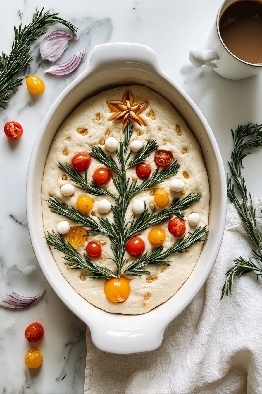 Christmas Tree Focaccia, festive bread recipe, holiday focaccia bread, Christmas bread ideas, easy holiday baking - The dish is a round, thick layer of pale dough laid flat inside a white oval baking dish. On top of the dough, there is a rosemary shaped like a Christmas tree, with green needle-like leaves. The rosemary is decorated with red, orange, and yellow small round tomatoes and whole white pearl onions, scattered evenly like ornaments. At the bottom, a small piece of orange bread acts as the tree trunk, and at the top, five small slivered almonds form a star shape. Thin slices of red onion are placed vertically under the rosemary branches, adding a touch of purple to the design. The dish sits on a white marbled surface with a white cloth and a cup of coffee nearby, along with rosemary sprigs and red onion slices scattered around. photo taken with an iphone --ar 2:3 --v 7