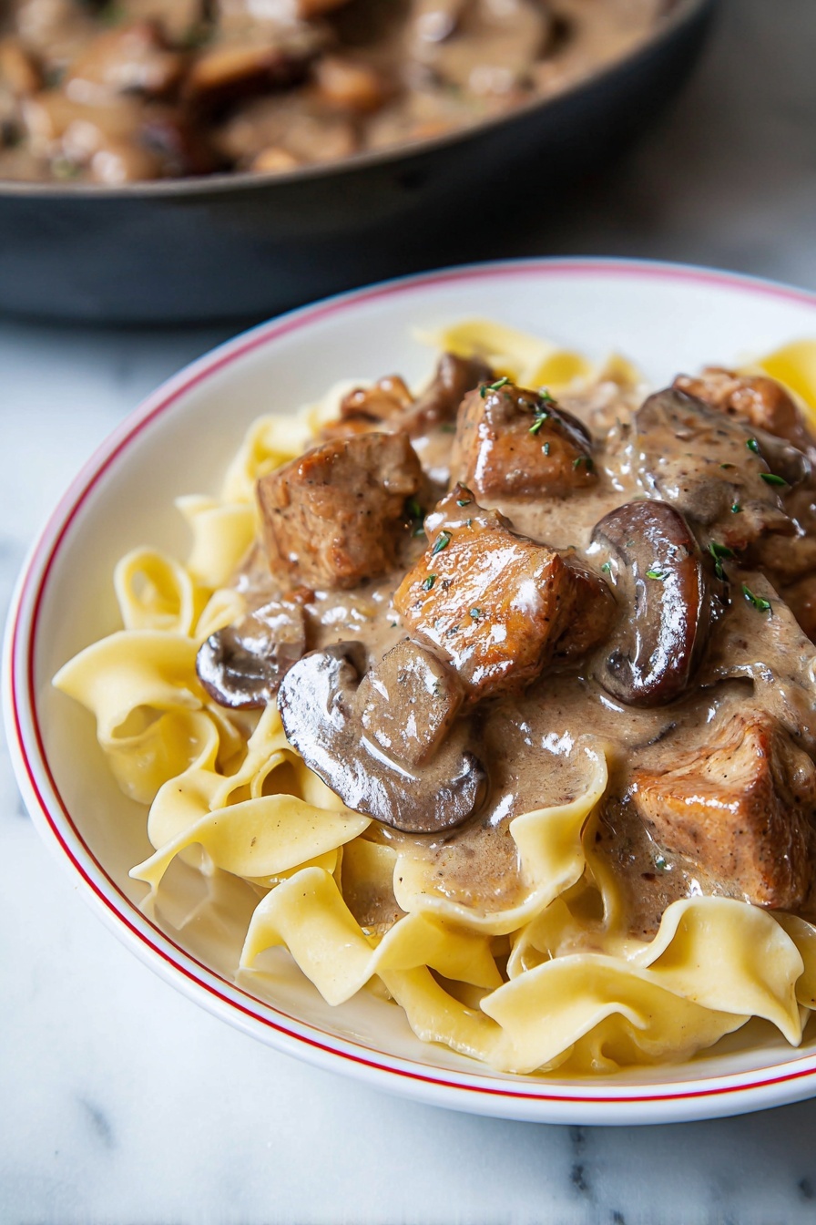 Creamy Chicken Stroganoff, chicken stroganoff recipe, easy chicken stroganoff, weeknight dinner ideas, comforting mushroom chicken - The dish shows a layer of light yellow egg noodles at the bottom, with soft wide ribbons that curl slightly. On top, there is a thick layer of brown creamy sauce that coats chunks of cooked meat and slices of mushrooms. The meat pieces are uneven in size and have seared brown edges. The mushrooms are dark brown and smooth. Everything is served in a white bowl with a thin red ring around the edge. The bowl sits on a white marbled surface. In the background, there is a hint of a black skillet with more meat and sauce inside. Photo taken with an iphone --ar 2:3 --v 7