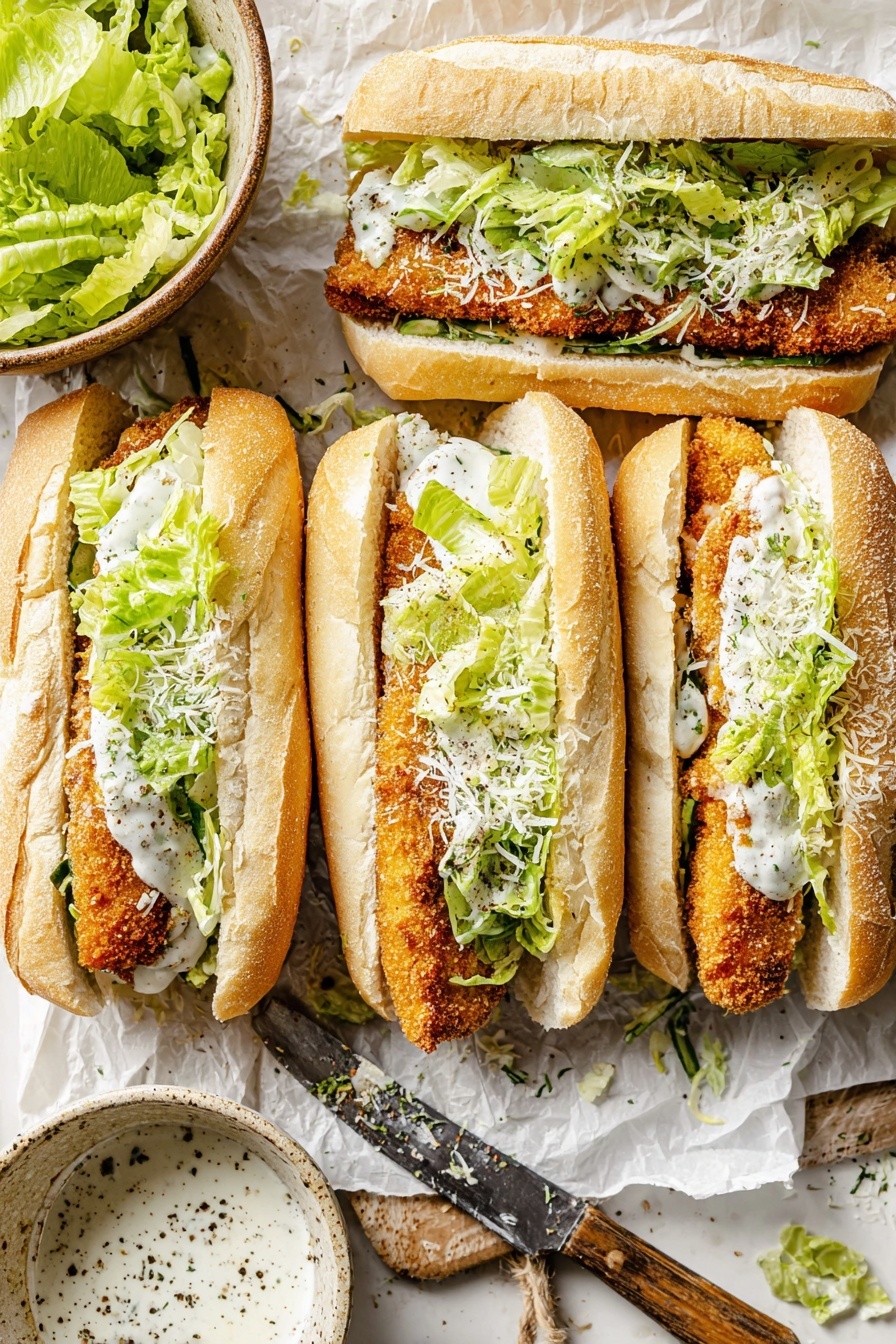 Crispy Chicken Caesar Sandwich, Chicken Caesar Sandwich, Easy Caesar Sandwich, Crispy Chicken Sandwich Recipe, Delicious Chicken Sandwich - Four sandwiches are lined up on white parchment over a white marbled surface. Each sandwich has three layers: a soft, lightly toasted long white roll at the bottom with visible herbs, a crispy golden-brown breaded chicken strip in the middle, and a layer of fresh green lettuce mixed with creamy white dressing on top. Grated white cheese is sprinkled over the sandwiches. To the left, a brown bowl holds more fresh lettuce, and to the lower right, a rustic bowl contains white sauce with black pepper specks. A knife with a wooden handle lies near the lettuce bowl. The photo taken with an iphone --ar 2:3 --v 7