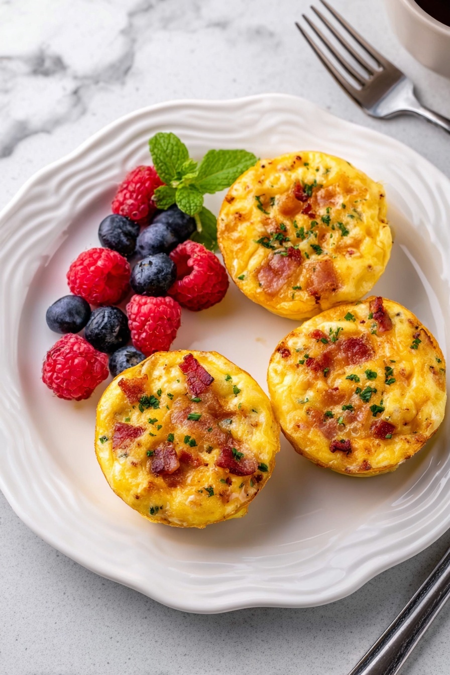 Healthy Egg Bites, healthy breakfast ideas, easy make-ahead breakfast, protein-packed egg bites, nutritious morning recipes - A white plate with a wavy edge holds three round, golden-yellow egg muffins that have small pieces of reddish-brown bacon and melted cheese mixed inside, with some green parsley sprinkled on top. Beside the muffins is a small pile of fresh berries including bright red raspberries and dark blue blueberries, topped with a small green mint leaf. The plate sits on a white marbled surface with a fork visible on the right side near the edge. photo taken with an iphone --ar 2:3 --v 7