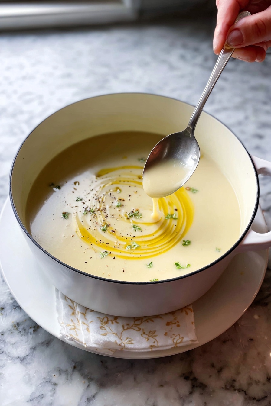 Creamy Leek and Potato Soup, leek and potato soup, comforting potato leek soup, easy creamy soup recipe, silky vegetable soup - A white bowl filled with smooth, creamy light beige soup sits in the center. On top, there is a spiral of bright yellow oil and small green herb leaves scattered around, along with a light sprinkle of black pepper. A silver spoon rests on the right edge of the bowl. The bowl is placed on a white plate that holds a white and light yellow patterned cloth. The background shows a white marbled texture with small green herb sprigs scattered around. photo taken with an iphone --ar 2:3 --v 7