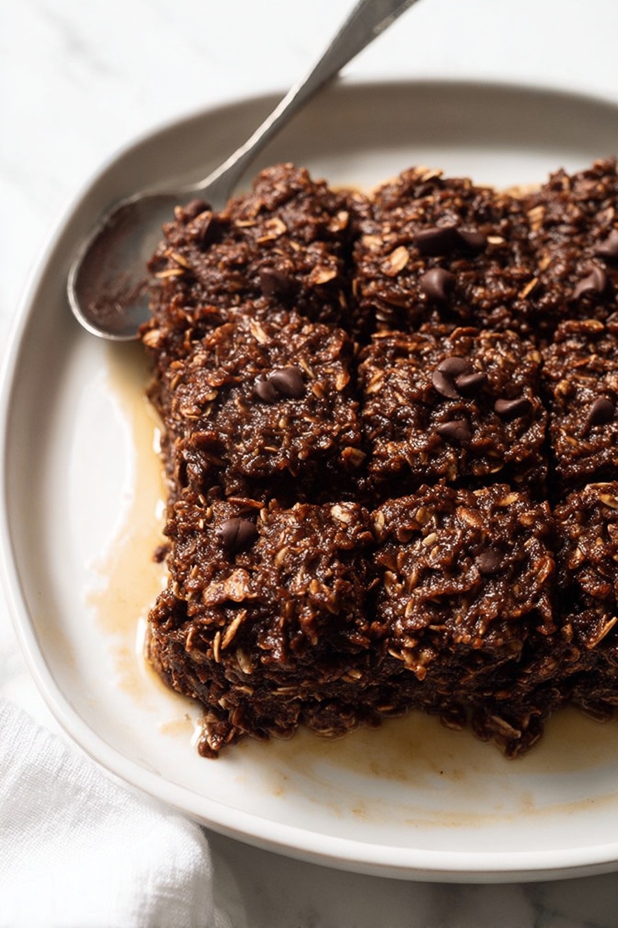 Chocolate Banana Baked Oatmeal, healthy baked oatmeal with chocolate and banana, easy chocolate banana breakfast recipe, hearty banana oatmeal bake, chocolate banana oatmeal dessert - A rectangular white ceramic dish filled with a baked dark brown oat and chocolate chip mixture that is thick and textured. The surface is rough with visible oats and small shiny chocolate chips scattered throughout. The dish is placed on a white marbled surface with a white cloth partially visible at the bottom left. The top is divided into six uneven square pieces that show the dense and moist texture inside. Photo taken with an iphone --ar 2:3 --v 7