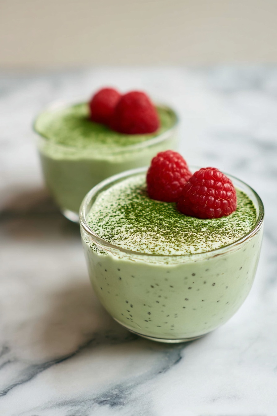 Matcha Chia Protein Pudding, healthy matcha pudding, vegan protein breakfast, quick nutritious snack, plant-based chia pudding - Two clear glass bowls are filled with a light green mousse-like dessert that has tiny black seeds throughout. Each bowl has a layer of green powder sprinkled on top, creating a matte texture. Two bright red raspberries sit on the surface of each dessert, adding a pop of color. The bowls are placed on a white marbled surface, with one bowl slightly behind and blurred, and the other in clear focus in the front. Photo taken with an iphone --ar 2:3 --v 7