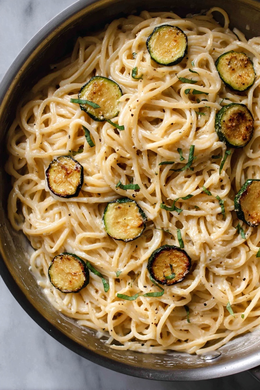 Creamy Zucchini Spaghetti with Parmesan, zucchini pasta recipes, healthy zucchini pasta, cheesy zucchini noodles, quick zucchini pasta dishes - A close-up of a pan filled with creamy spaghetti noodles that are slightly twisted and intertwined. Scattered on top are small round pieces of golden brown cooked zucchini with a slight crisp texture on the edges. Thin strips of fresh green herbs are also sprinkled evenly over the pasta. The pasta has a light-colored cream sauce coating with a mild shine, and a few light specks of black pepper are visible throughout. The pan sits on a white marbled surface. photo taken with an iphone --ar 2:3 --v 7