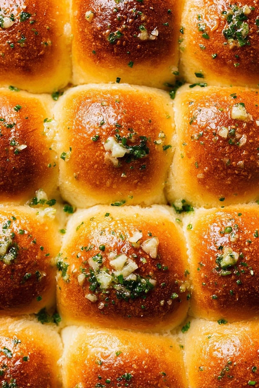 Garlic Bread Rolls, Homemade Garlic Bread, Fluffy Garlic Rolls, Easy Garlic Bread, Soft Bread Rolls - A close-up view of soft, round dinner rolls arranged in a 3x3 grid, each roll with a shiny golden brown top that is slightly darker in the center, showing a smooth and glossy texture. The rolls are closely packed, with slightly yellow sides touching each other. They are sprinkled with small bits of chopped green herbs and minced garlic scattered unevenly on top, adding a fresh contrast to the warm tones. The background is not visible, focusing tightly on the rolls. Photo taken with an iphone --ar 2:3 --v 7