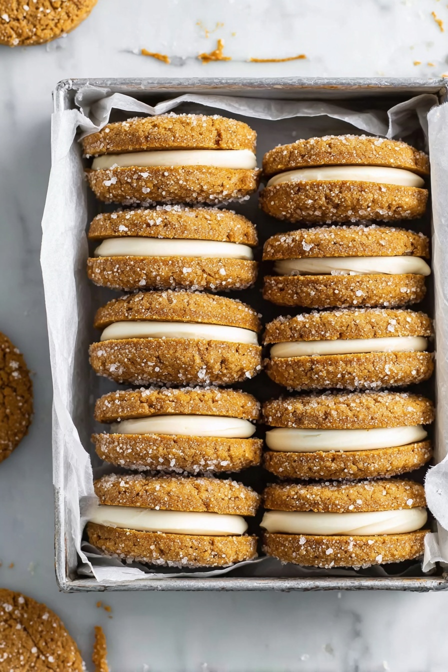 Gingerbread Sandwich Cookies with Vanilla Frosting, holiday gingerbread cookies, spiced sandwich cookies, homemade gingerbread treats, festive frosting cookies - A stack of sandwich cookies arranged in a pyramid on a white plate, each cookie having two golden-brown textured layers with sugar crystals on the surface and a thick layer of smooth white cream filling in the middle. The cookies show some cracks and rough edges, creating a crunchy look, and the creamy filling is even and slightly raised between the cookie layers. The background is a soft focus with blurred hints of green and red, and the surface beneath the plate is a white marbled texture. photo taken with an iphone --ar 2:3 --v 7