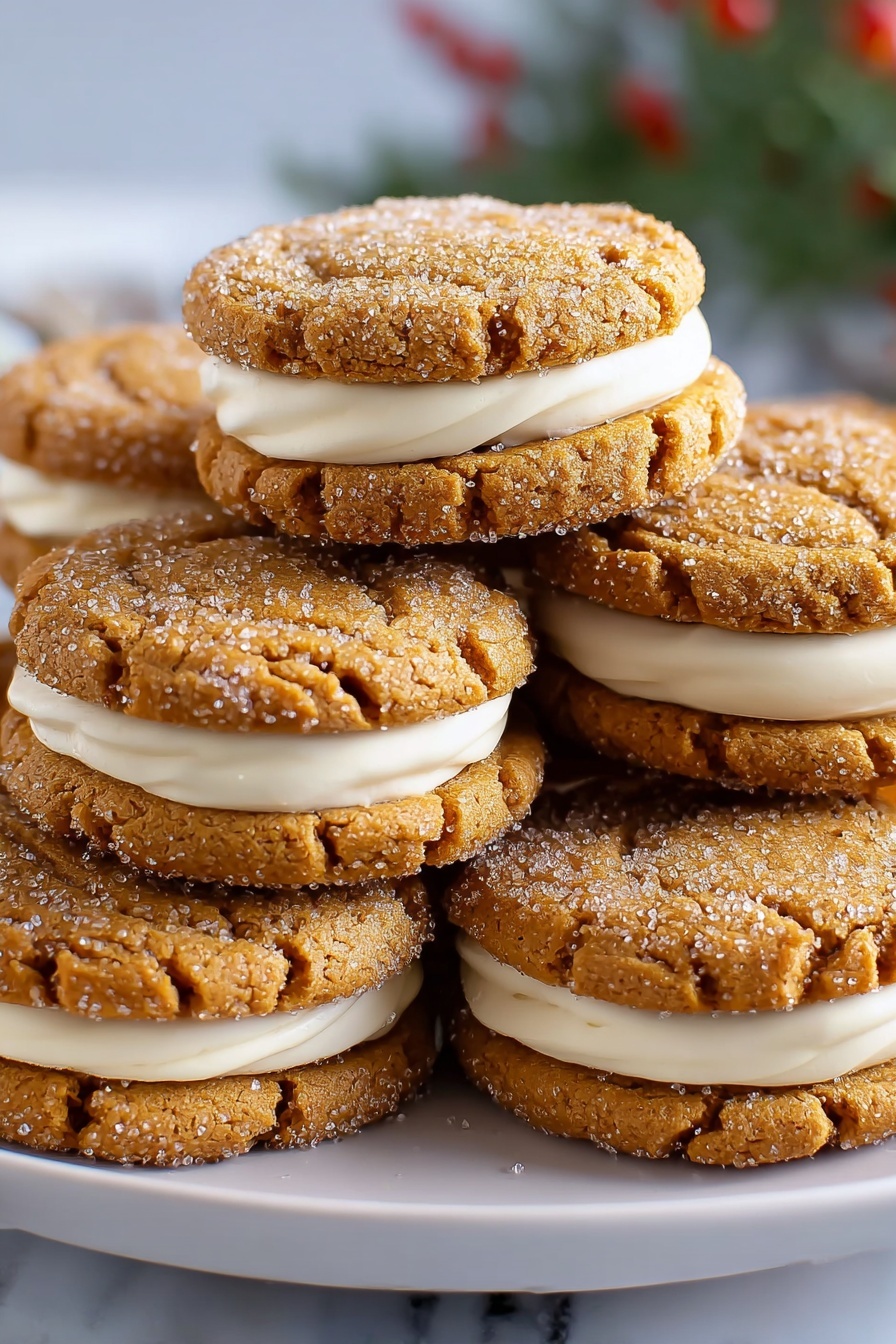 Gingerbread Sandwich Cookies with Vanilla Frosting, holiday gingerbread cookies, spiced sandwich cookies, homemade gingerbread treats, festive frosting cookies - The image shows three neat rows of sandwich cookies stacked upright inside a metal tray lined with white parchment paper. Each cookie is made of two golden-brown, sugar-coated biscuit layers with visible coarse sugar crystals on the outside, and a smooth, creamy white filling sandwiched in the middle. The biscuits appear crumbly with a slightly rough texture, and the cream layer is thick and even. The tray sits on a white marbled surface, with a few sugar crumbs scattered around. Photo taken with an iphone --ar 2:3 --v 7