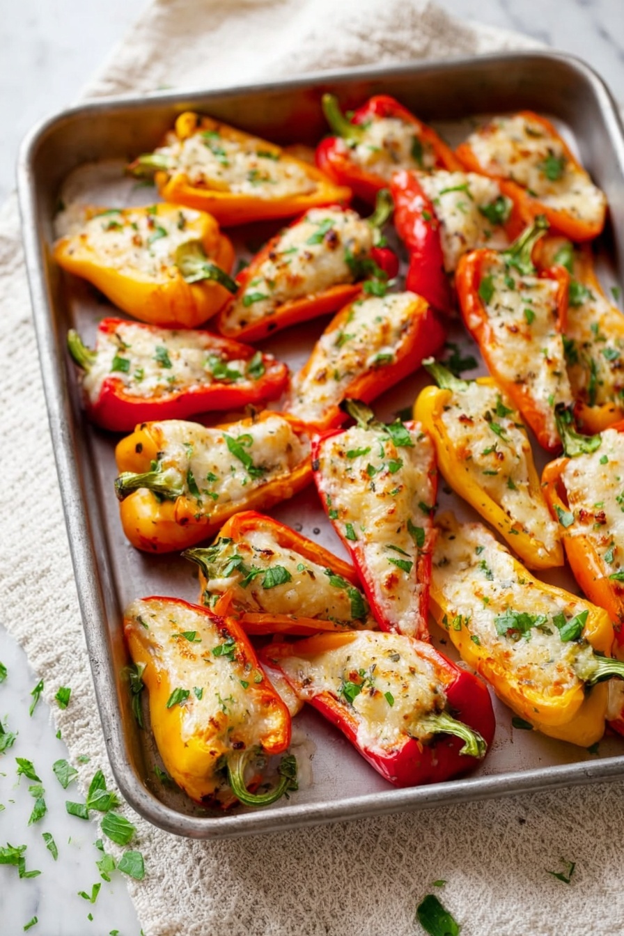 Cream Cheese Stuffed Mini Peppers, Stuffed Mini Peppers Appetizer, Cream Cheese Filled Mini Peppers, Mini Peppers Party Appetizer, Easy Mini Peppers Recipe - A metal tray is full of many halved mini bell peppers in red, orange, and yellow colors. Each pepper half is filled with a creamy white mixture topped with melted light brown cheese and small green herb pieces scattered on top. The tray is placed on a light cream-colored textured cloth with a white marbled surface underneath. Small green herb pieces are also sprinkled around the tray. photo taken with an iphone --ar 2:3 --v 7