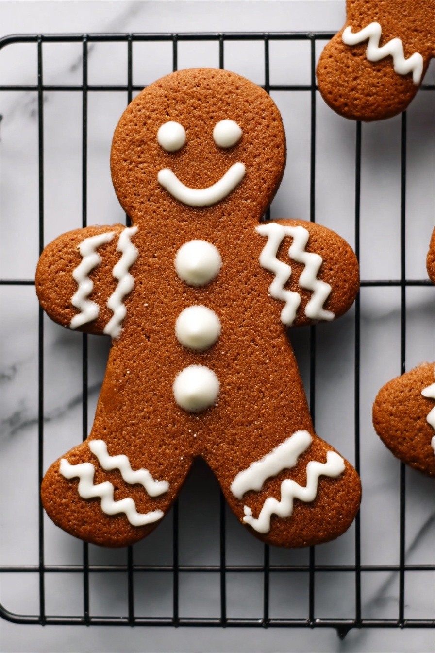 Gingerbread Men Cookies, holiday cookies recipe, Christmas cookie ideas, homemade gingerbread cookies, festive gingerbread treats - A gingerbread cookie shaped like a person sits on a black wire cooling rack placed on a white marbled surface. The cookie is a warm brown color with smooth texture, decorated with white icing. The icing forms a smiling face, three round buttons on the chest, and zigzag patterns on the arms and legs, all evenly spaced. The lighting highlights the cookie’s slightly raised edges, making it look soft and fresh. Photo taken with an iphone --ar 2:3 --v 7