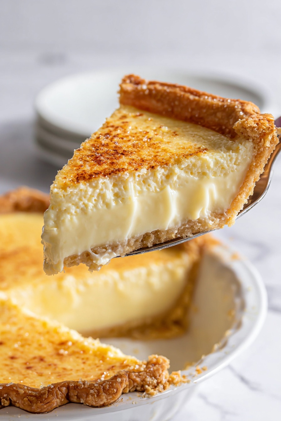 Egg Custard Pie, Egg Custard Pie Recipe, Classic Custard Pie, Simple Egg Custard Dessert, Homemade Custard Pie - A slice of creamy pie is being lifted above the rest of the pie in a white pie tin. The pie has three layers: a light golden brown crust with a flaky texture at the bottom, a thick pale yellow custard filling in the middle that looks smooth and soft, and a slightly browned, speckled top layer that has a slightly rough texture. The background is a white marbled surface, and a white plate is blurred in the background. Photo taken with an iphone --ar 2:3 --v 7