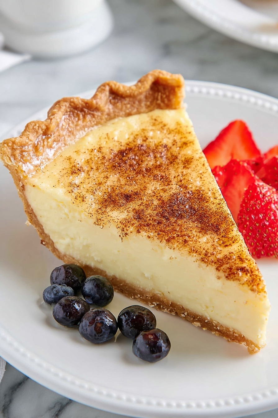 Egg Custard Pie, Egg Custard Pie Recipe, Classic Custard Pie, Simple Egg Custard Dessert, Homemade Custard Pie - A slice of creamy custard pie with a golden-brown top sprinkled with cinnamon sits on a white plate with a slight raised dot pattern around the edge. The pie has three layers: a light brown crust with a crimped edge, a thick smooth pale yellow custard filling, and a slightly darker cinnamon-dusted surface. To the left of the pie slice, there are three red strawberry slices and several dark blue blueberries scattered next to it. The plate is on a white marbled surface. photo taken with an iphone --ar 2:3 --v 7