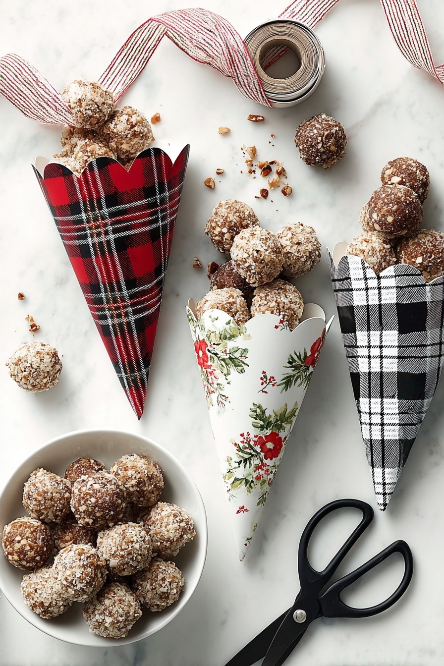 Quick Bourbon Balls, Bourbon Balls recipe, easy bourbon candies, quick holiday desserts, no-bake boozy treats - The image shows round, nut-covered dessert balls arranged in three decorative paper cones with scalloped edges; the left cone has a red and black plaid pattern, the middle one is white with green and red floral prints, and the right cone has a black and white plaid pattern. Each cone is filled with several dessert balls, and a few are scattered around on the white marbled surface. At the bottom left corner, a white bowl holds several more of these balls. To the right, an old black pair of scissors lies on the surface, and at the top left, a spool with a ribbon showing red stripes is partly unraveled, adding a festive touch. Photo taken with an iphone --ar 2:3 --v 7