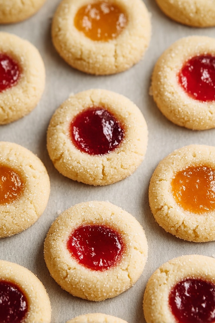 Thumbprint Cookies with Jam, easy thumbprint cookie recipe, fruity thumbprint cookies, homemade jam cookies, soft buttery cookies - The image shows a close-up view of round thumbprint cookies arranged in rows on a light-colored parchment paper over a white marbled texture surface. Each cookie has one layer of soft, pale golden dough forming a smooth, slightly rounded base with an indented center filled with two colors of jam: deep red and bright orange. The jam has a glossy, jiggly texture that contrasts with the matte finish of the cookie dough. The scene is evenly lit, showing small sugar crystals on the dough, and the cookies are neatly spaced to show uniform size and shape. photo taken with an iphone --ar 2:3 --v 7