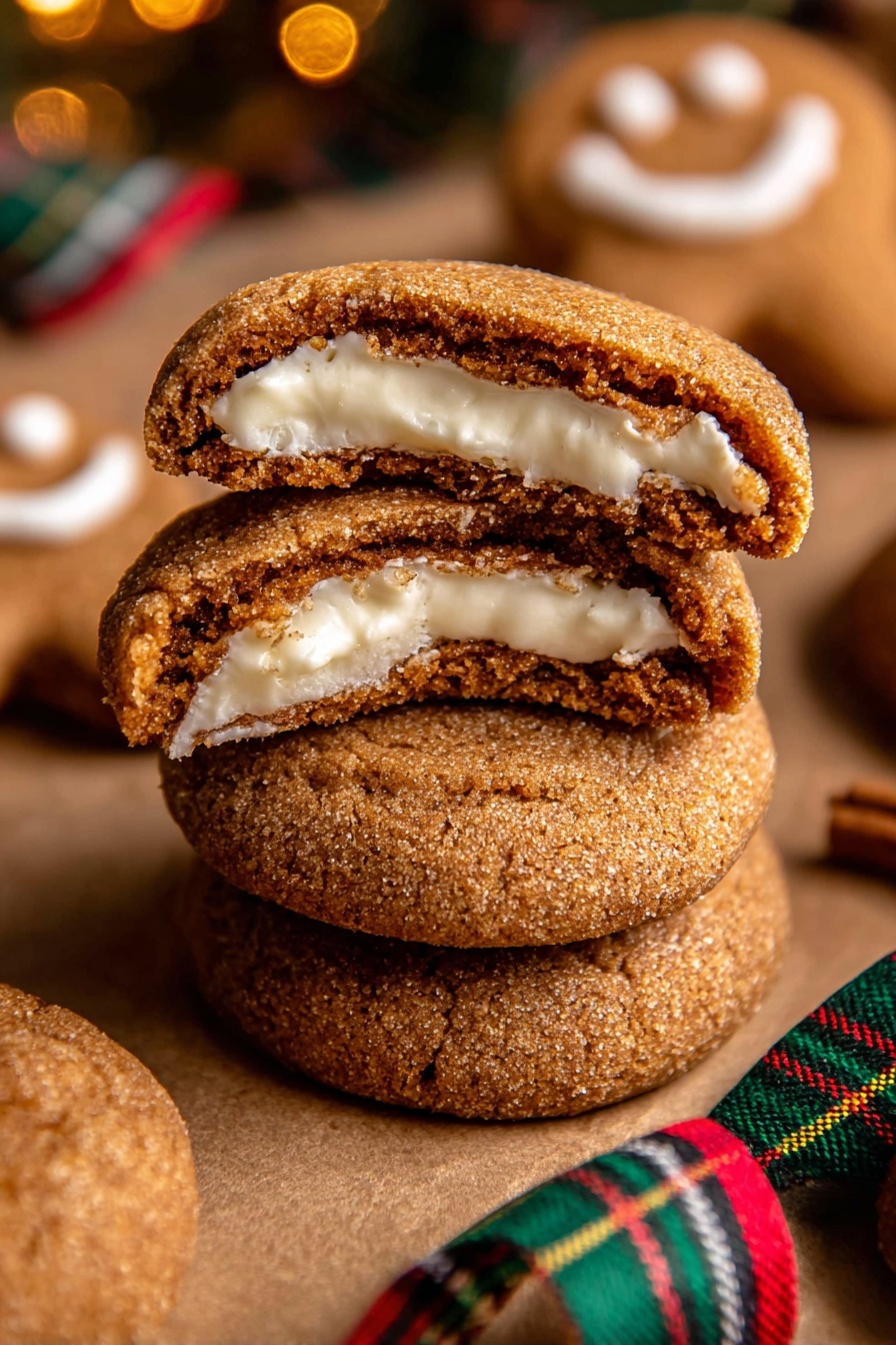 Gingerbread Cheesecake Cookies, holiday cookies with gingerbread and cheesecake, spiced Christmas cookies, festive gingerbread dessert, easy gingerbread cookie treats - A stack of four round cookies is shown, each cookie has a thick light brown outer layer with a slightly crispy texture, and a creamy white filling in the center partially visible due to each cookie being broken in half; the stack is on a brown paper surface with more whole cookies scattered around, including one smiling gingerbread man cookie in the blurred background, and a green, red, and yellow plaid ribbon lies in the front bottom right corner; the scene has warm lighting with a cozy holiday feel. photo taken with an iphone --ar 2:3 --v 7