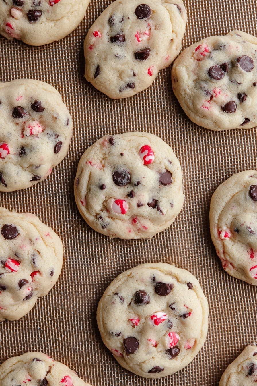 Peppermint Oreo Cookies, peppermint Oreo cookies, Oreo peppermint cookies, festive cookie recipes, holiday cookie ideas - Several round cookies with a light beige color are spread out on a brown textured mat. Each cookie has visible dark brown chocolate chips and small red candy pieces embedded across the surface. The cookies have a soft, slightly bumpy texture and are spaced evenly apart, showing their round edges clearly. The background underneath the mat is a white marbled surface. photo taken with an iphone --ar 2:3 --v 7
