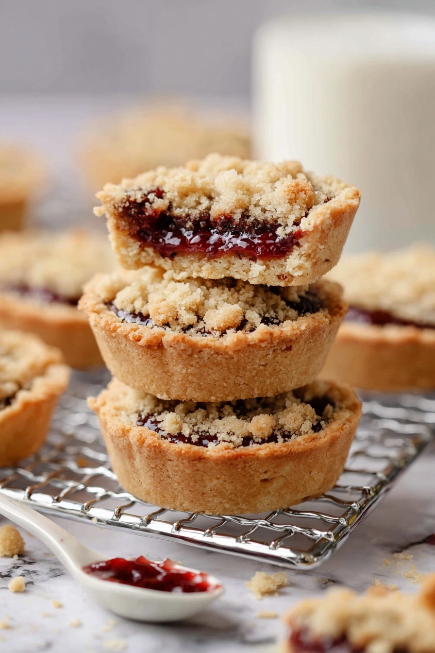 Raspberry Crumble Cookies, raspberry jam cookies, easy berry cookies, buttery crumble cookies, fruit-filled cookie recipes - The image shows a stack of three small round crumb-topped jam tarts placed on a metal rack over a white marbled surface. Each tart has a thick, golden brown crumbly crust around the edge and a layer of dark red jam slightly visible beneath the crumb topping. In front of the tart stack, there is a broken tart piece showing the same layers: crumb topping, dark jam, and crust. Next to the broken piece is a small white spoon with dark red jam inside. The background is softly blurred with more tarts and a glass of milk. Photo taken with an iphone --ar 2:3 --v 7