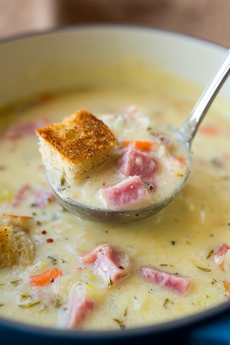 Reuben Soup with Sauerkraut and Swiss, Reuben sandwich soup, savory Reuben-inspired soup, easy Reuben soup recipe, comforting Reuben soup - A close-up view of a large silver ladle filled with thick creamy soup showing pink pieces of meat, small chunks of orange carrot, and some small bits of other vegetables and herbs mixed throughout. The soup in the ladle is pale yellow with a smooth and slightly chunky texture. It is held above a large pot filled with the same creamy soup, which also displays pink meat chunks and orange carrot pieces scattered in the pale yellow base. The background is out of focus with a soft brown hue, emphasizing the thick soup in the ladle. photo taken with an iphone --ar 2:3 --v 7