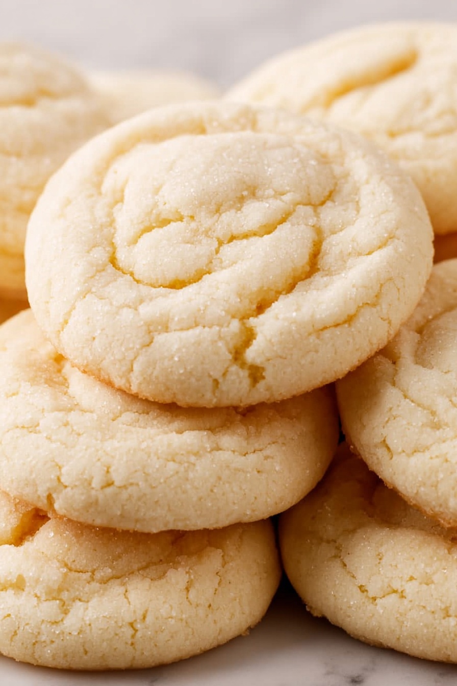 Amish Sugar Cookies, Amish Sugar Cookies recipe, soft Amish sugar cookies, classic sugar cookie recipe, melt-in-your-mouth sugar cookies - A close-up image shows a stack of soft, round cookies with a light beige color, each cookie having a soft, slightly cracked top texture. The cookies are piled unevenly on each other, showing their light, fluffy thickness and soft edges. The background surface is a white marbled texture that adds a clean contrast to the cookies' pale color. photo taken with an iphone --ar 2:3 --v 7