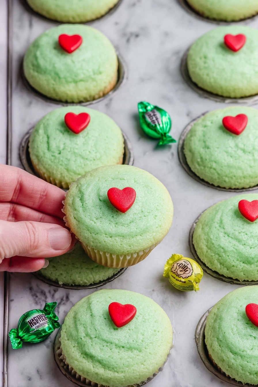 Green Hershey’s Kiss Cookie Cups, Hershey’s Kiss Cookies, festive cookie cups, green holiday cookies, chocolate-filled sugar cookies - A dark gray muffin tray holds 18 small round green cookies inside each cup, with a soft and slightly bumpy texture. A woman's hand with green nail polish is placing a small red heart-shaped decoration on one of the cookies in the center. Some cookies already have a red heart decoration pressed slightly into their surface. The tray rests on a white marbled surface. photo taken with an iphone --ar 2:3 --v 7