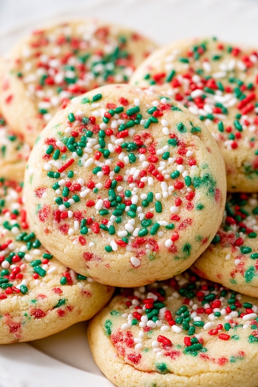 No-Roll Christmas Sprinkle Cookies, festive holiday cookies, easy Christmas cookie recipe, no-bake holiday treats, colorful sprinkles cookies - A white plate filled with twelve round cookies stacked in a slightly overlapping way. Each cookie is light golden brown with a soft texture and topped with colorful sprinkles in red, green, and white, scattered evenly across the surface. The cookies have visible darker spots where chocolate chips or similar small ingredients are baked inside. The plate sits on a white marbled surface, adding a clean, bright background to the image. Photo taken with an iphone --ar 2:3 --v 7