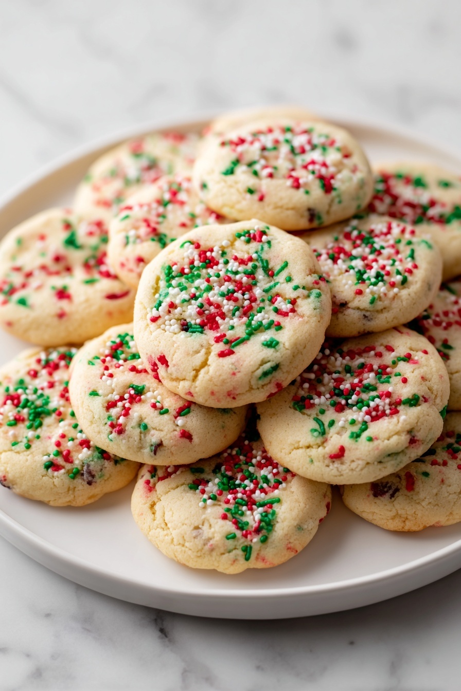 No-Roll Christmas Sprinkle Cookies, festive holiday cookies, easy Christmas cookie recipe, no-bake holiday treats, colorful sprinkles cookies - A white plate holds several round cookies with a light golden-brown color. Each cookie has red, green, and white sprinkles spread on top, giving them a festive look. The cookies are close together, slightly overlapping, showing a soft texture with some colorful bits inside the dough. The background and surface are white with a marbled pattern. photo taken with an iphone --ar 2:3 --v 7
