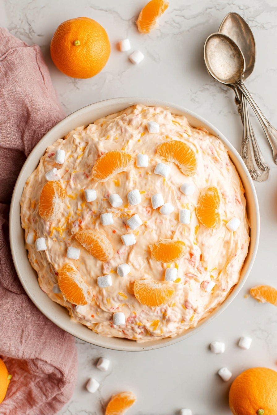 Mandarin Orange Salad with Marshmallows, easy fruit salad recipe, no-bake dessert, quick citrus salad, nostalgic fruit salad ideas - A round white bowl is filled to the top with a fluffy, light orange creamy mixture speckled with small pieces of mandarin oranges. On top, there are several whole mandarin orange slices scattered evenly along with small white marshmallows. The bowl sits on a white marbled surface with more fresh mandarin orange slices and small marshmallows spread around it. Next to the bowl is a soft pink cloth and two vintage silver spoons. The texture of the mixture looks light and whipped with visible orange bits inside. Photo taken with an iphone --ar 2:3 --v 7