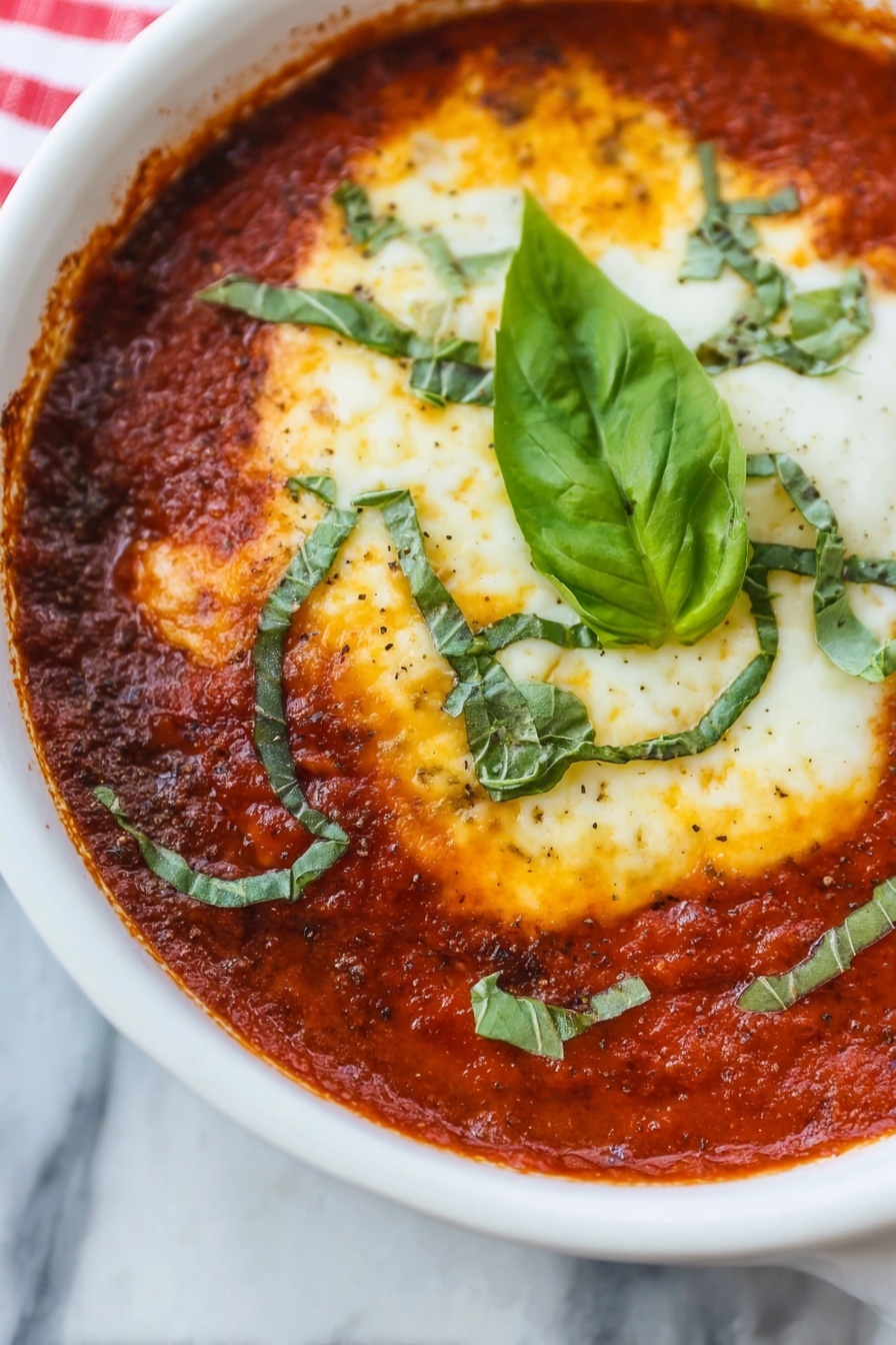 Baked Goat Cheese and Marinara Dip, goat cheese appetizer, creamy baked dip, easy party appetizers, cheesy tomato dip - A white bowl filled with rich red tomato sauce that has a smooth texture and is slightly chunky around the edges. On top of the sauce, there is a large round layer of melted cheese with golden brown spots, giving it a bubbly and creamy look. Scattered over the cheese are thin green strips of fresh basil leaves, with one whole green basil leaf placed in the center as decoration. The bowl sits on a white marbled surface. photo taken with an iphone --ar 2:3 --v 7