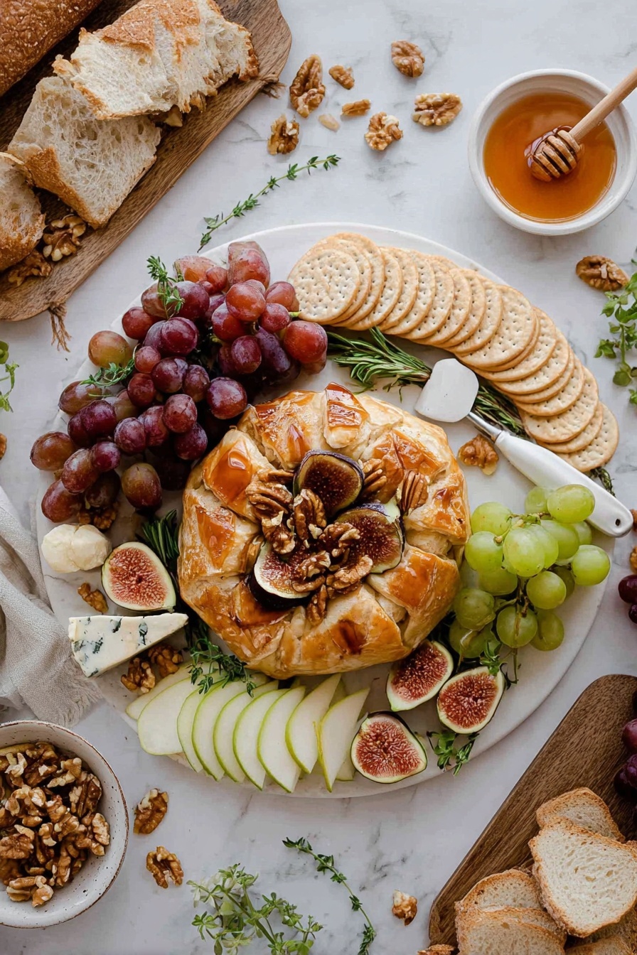 Baked Brie with Jam and Puff Pastry, easy baked brie appetizer, cheesy puff pastry dip, crowd-pleasing party appetizer, quick brie and jam bites - A white plate sits on a white marbled surface, holding a round golden-brown pastry topped with halves of figs and scattered walnuts. Around the pastry, there are clusters of red and green grapes, dried apricots, slices of pear with green leaves, round beige crackers stacked on one side, and slices of crusty white bread. Figs with green leaves are also placed near the pears, and a cheese knife with a white handle rests on the plate among the crackers and pears. Nearby on the surface, there is a small white bowl of honey with a wooden honey dipper, a rustic wooden tray with more bread slices and figs, and a small bowl filled with walnuts. Fresh green herbs are scattered around for decoration. Photo taken with an iphone --ar 2:3 --v 7