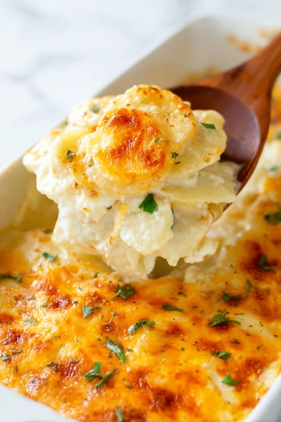 Cheesy Scalloped Potatoes, cheesy scalloped potatoes recipe, creamy scalloped potatoes, baked potato side dish, comfort food recipes - A wooden spoon lifts a scoop of creamy scalloped potatoes from a white rectangular baking dish. The dish shows three visible layers: a thick bottom layer of tender white potato slices, a middle layer of smooth white cheese sauce, and a top layer of melted golden-brown cheese with slightly crispy edges. Small green herb pieces are scattered on top, adding color contrast. The background is a white marbled texture. Photo taken with an iphone --ar 2:3 --v 7
