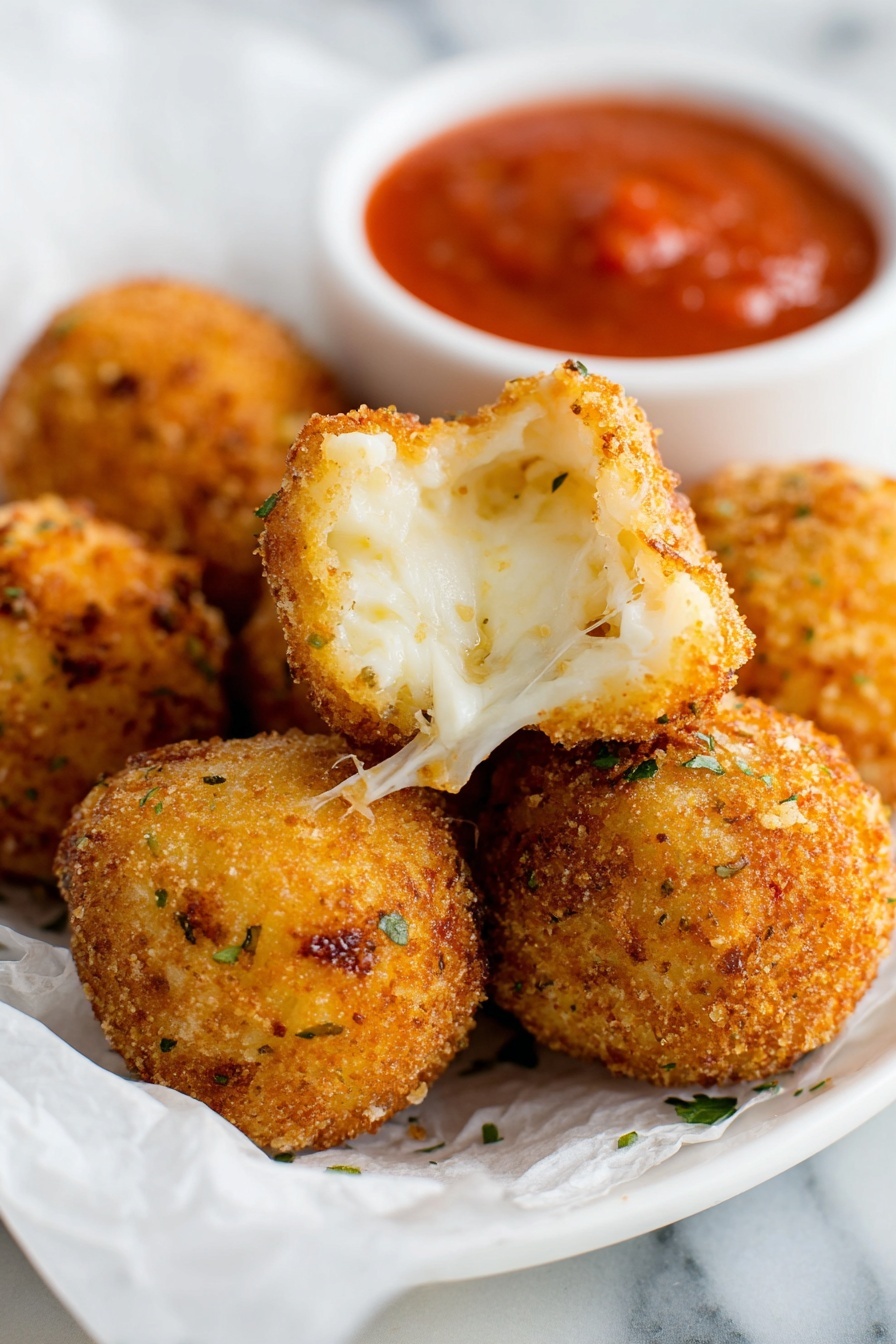 Crispy Potato Cheese Balls, cheesy appetizer recipes, easy snack ideas, crispy potato snacks, mozzarella stuffed potato bites - The image shows a close-up of golden brown, crispy round balls with a rough, crunchy texture on the outside. One ball is open, showing a soft, creamy white inside with small bits of herbs and spices, and melted cheese stretching gently. The balls are placed on a white plate lined with white paper. In the background, there is a small white bowl filled with smooth red dipping sauce. The surface beneath the plate has a white marbled texture. photo taken with an iphone --ar 2:3 --v 7