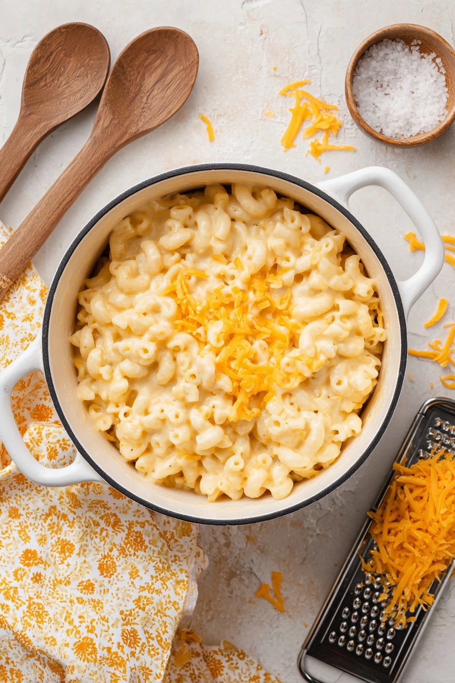 Stovetop Mac and Cheese, creamy mac and cheese, cheesy pasta recipe, one-pot mac and cheese, homemade mac and cheese - A white pot filled with creamy macaroni and cheese occupies the center of the image. The macaroni are small curved tubes covered in smooth, light yellow cheese sauce, with a few grated bright orange cheese pieces scattered on top. The white pot has two small handles, one visible in the front. To the left, there are two wooden spoons placed on a patterned yellow and white cloth. On the right side, a black metal cheese grater holds some shredded bright orange cheese, with more cheese shreds scattered on the white marbled surface nearby. A small round bowl with coarse salt is also visible in the upper right corner. The whole scene is set on a white marbled textured surface. photo taken with an iphone --ar 2:3 --v 7