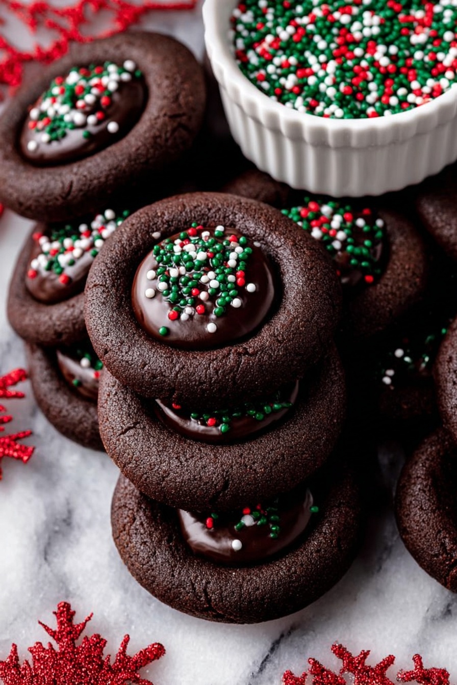 Chocolate Thumbprint Cookies with Ganache, decadent chocolate cookies, chocolate dessert ideas, easy holiday cookies, fudge-filled cookie recipe - The image shows several round chocolate cookies arranged in a circle on a white marbled surface. Each cookie has a smooth, dark chocolate center that is glossy, decorated with small, round sprinkles in red, green, and white colors. In the middle of the circle, there is a small, white scalloped bowl filled to the top with the same red, green, and white small round sprinkles. The cookies have a slightly rough texture on their outer edges, contrasting with the shiny chocolate centers. photo taken with an iphone --ar 2:3 --v 7