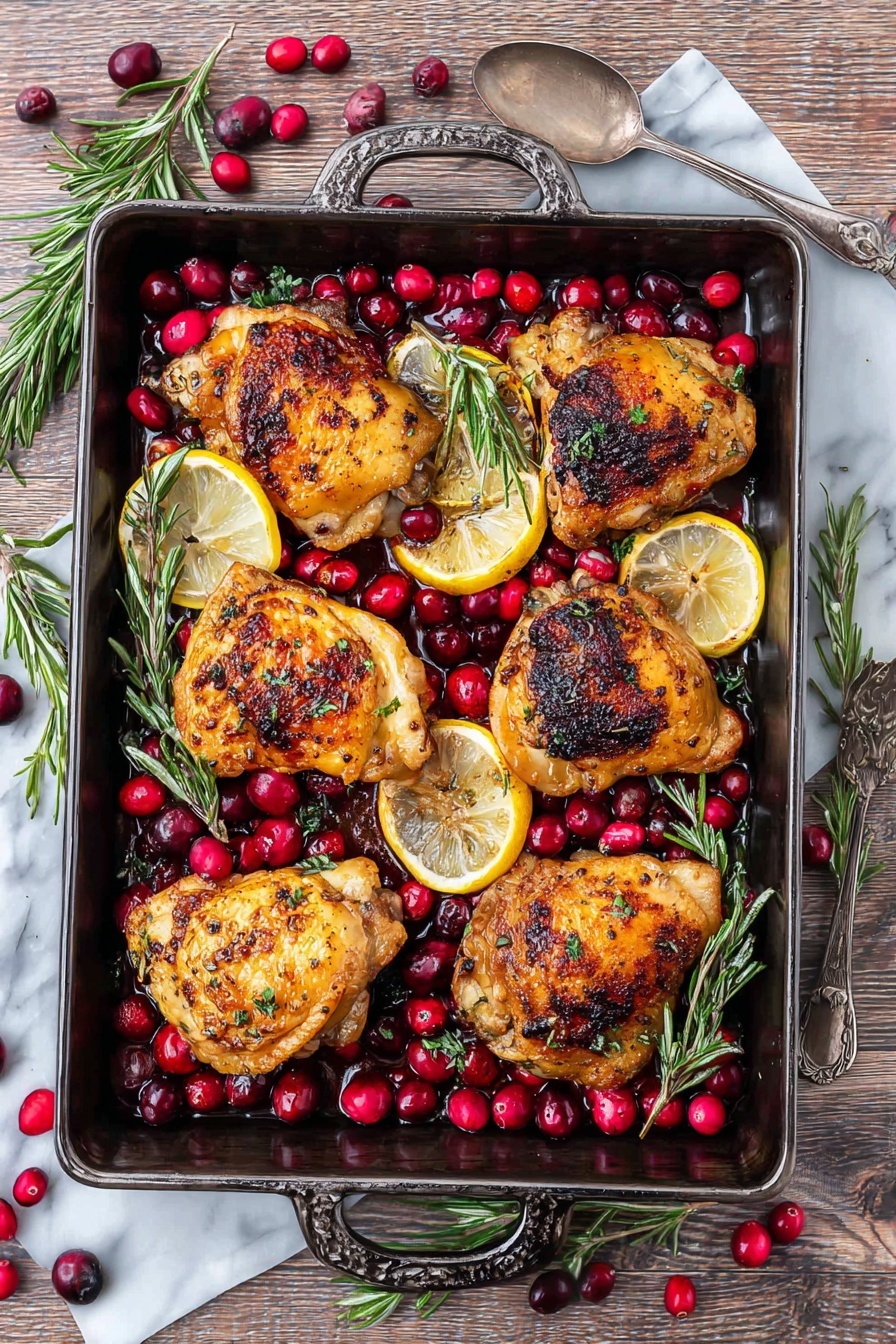 Baked Cranberry Chicken with Rosemary, Cranberry Chicken recipes, Rosemary chicken dishes, Easy cranberry chicken, Festive chicken dinner ideas - A black baking tray filled with six pieces of cooked chicken thighs, showing a golden brown crispy skin with darker charred spots. Around the chicken are bright red whole and halved cranberries scattered evenly. There are several slices of cooked lemon placed under and between the chicken pieces, showing a soft yellow color. Sprigs of fresh green rosemary are placed on top and around the chicken, adding texture. The tray is placed on a white marbled surface with a silver spoon to the side, and extra cranberries and rosemary sprigs scattered around. Photo taken with an iphone --ar 2:3 --v 7