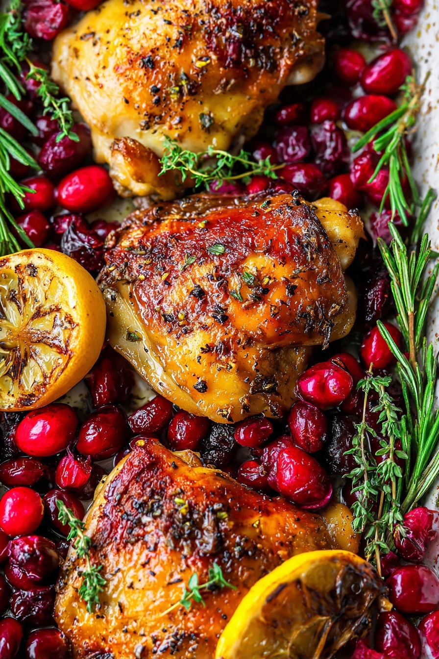 Baked Cranberry Chicken with Rosemary, Cranberry Chicken recipes, Rosemary chicken dishes, Easy cranberry chicken, Festive chicken dinner ideas - The image shows a close-up of four golden-brown pieces of roasted chicken with crispy skin, placed on a bed of bright red fresh and cooked cranberries and green herbs like rosemary and thyme. There is a halved lemon with a slightly browned surface among the chicken pieces, adding a pop of yellow. The chicken pieces are well seasoned with visible black pepper and herbs. The whole scene is set on a white marbled textured background, giving a clean and fresh look. The colors of the roasted chicken, red cranberries, green herbs, and yellow lemon make the image rich and vibrant. photo taken with an iphone --ar 2:3 --v 7