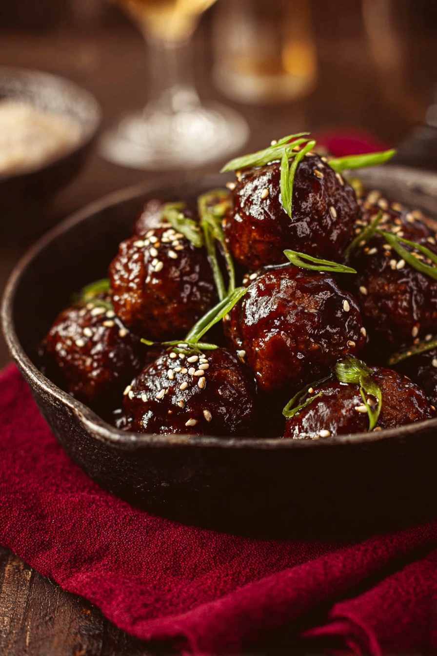 Korean Gochujang Meatballs, spicy meatball recipe, Korean-inspired meatballs, easy Asian meatballs, Gochujang meatball glaze - A rustic dark pan filled with shiny dark brown meatballs stacked in two layers, each meatball coated with a thick glossy sauce, sprinkled with small sesame seeds and garnished with thin bright green sliced scallions scattered over the top. The pan rests on a deep red cloth, with a soft-focus brown background and a blurred glass in the distance, creating a cozy atmosphere. photo taken with an iphone --ar 2:3 --v 7
