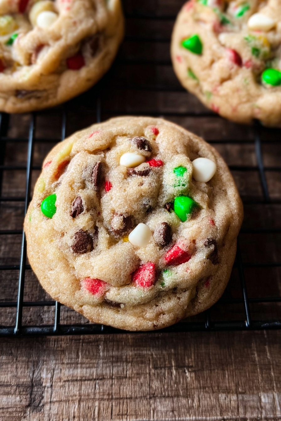 Christmas Chocolate Chip Cookies, festive holiday cookies, soft chewy chocolate chip cookies, cinnamon holiday cookies, Christmas cookie recipes - The image shows seven round cookies cooling on a black wire rack. Each cookie has a thick, soft texture with little ridges and bumps on the surface. The cookies are a light brown color with many colorful red, green, and blue sprinkles mixed inside, along with small white and dark brown chocolate chips spread evenly throughout. The wire rack sits on a wooden surface, creating a warm and cozy feeling. The cookies look freshly baked with slightly golden edges and a slightly shiny top. photo taken with an iphone --ar 2:3 --v 7