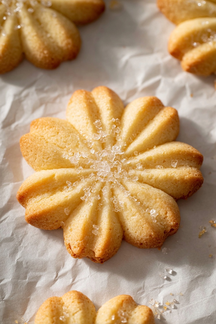 Danish Butter Cookies, butter cookie recipe, easy Danish cookies, holiday cookies, crisp butter cookies - The image shows a close-up of a single golden-brown cookie shaped like a flower with eight rounded petals, each petal having ridged textures that add dimension. The cookie's surface is dusted with large sparkling sugar crystals that catch the light, adding a crunchy look. The edges of the cookie are slightly darker, showing where it was baked to a perfect crisp. Around the main cookie, a few more similar cookies are visible but softly out of focus. All the cookies rest on crinkled white parchment paper that adds a soft, textured background. The overall tone is warm and inviting, highlighting the delicate flower shape and sugary details. photo taken with an iphone --ar 2:3 --v 7