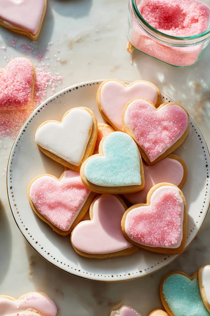 Soft Cut-Out Sugar Cookies, sugar cookies for decorating, buttery sugar cookie recipe, tender cut-out cookies, easy holiday sugar cookies - A white polka-dotted plate holds heart-shaped sugar cookies with smooth icing layers; some cookies have thick pink sugar crystals sprinkled on top of a pink or white frosting layer, others have plain white or light blue smooth icing, each cookie showing a soft golden-brown edge around the icing. The cookies vary in size, stacked and overlapping each other on the plate. Around the plate, there are more decorated cookies and a small clear container with pink sugar crystals tipped over, spilling some onto the white marbled surface. The light is soft and natural, highlighting the pastel colors and delicate texture of the cookies. Photo taken with an iphone --ar 2:3 --v 7