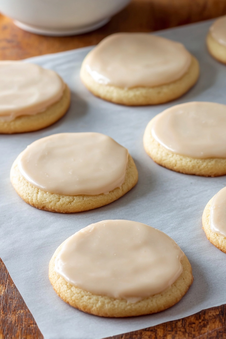 Best Sugar Cookie, sugar cookie recipe, easy sugar cookies, soft sugar cookies, holiday cookie ideas - The image shows eight round cookies arranged with space between each one on white baking paper over a wooden surface. Each cookie has two layers: a pale golden base with a soft texture, and a smooth, light brown glossy icing layer evenly spread on top, almost matching the cookie's size. The cookies appear freshly baked and the surface of the icing is slightly shiny and smooth. The background includes a blurry white bowl at the top edge. photo taken with an iphone --ar 2:3 --v 7