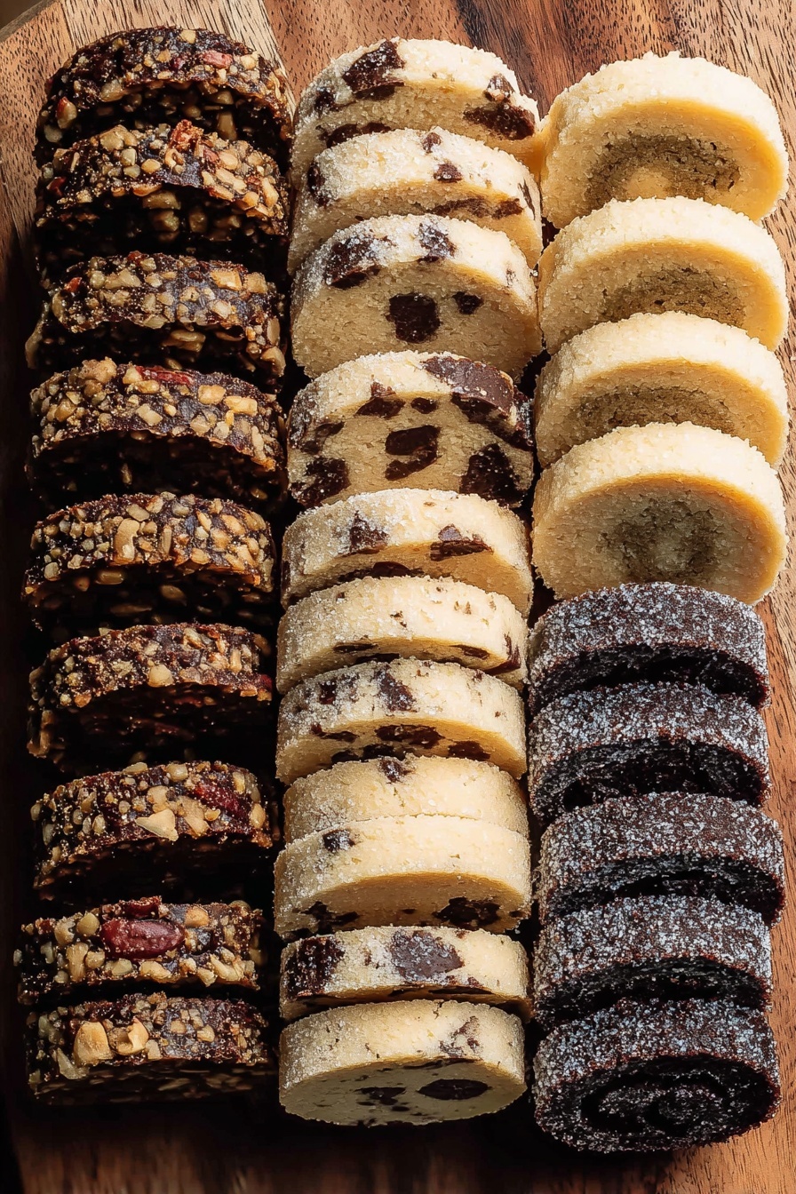 Slice and Bake Cookie Medley, easy cookie mix, multi-flavor cookie recipe, last-minute dessert ideas, versatile cookie dough - The image shows four neat rows of round cookie slices placed on a wooden board. The first row on the left has dark brown cookies studded with a mixture of nuts, giving a rough, crunchy texture. The second row features light beige cookie slices with visible swirls inside and a sugar-coated edge that adds a grainy texture. The third row consists of pale yellow cookie slices with large dark chocolate chunks spread inside, also sugar-coated on the outer edge for a crystalline look. The last row on the right has solid dark brown cookie slices with a dense, smooth texture and some shiny cracks, showing a rich chocolate appearance. All the cookies are arranged closely in straight vertical lines. photo taken with an iphone --ar 2:3 --v 7