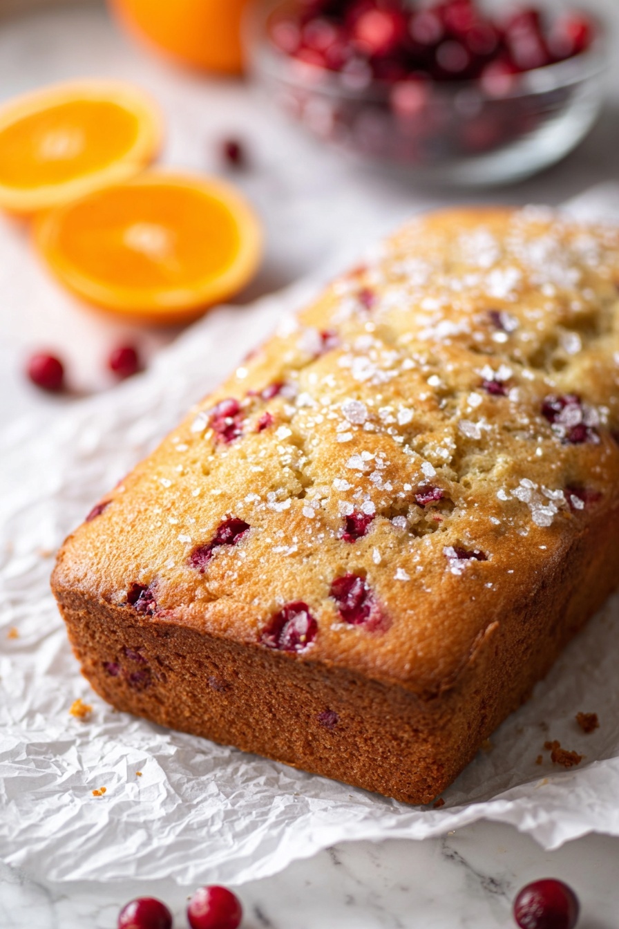 Cranberry Orange Cake, Cranberry Orange Cake Recipe, festive dessert with cranberries and oranges, moist cranberry orange cake, easy citrus cranberry cake - A golden-brown rectangular cake with a slightly rough texture, dotted with small red berries embedded on the top and sides, sits on crinkled white parchment paper. The top has a light sprinkling of coarse sugar crystals that catch the light. On the left side, there are two orange halves and a few scattered red berries, while in the blurred background, a glass bowl filled with more red berries and part of an orange is visible. All is set against a white marbled surface. Photo taken with an iphone --ar 2:3 --v 7