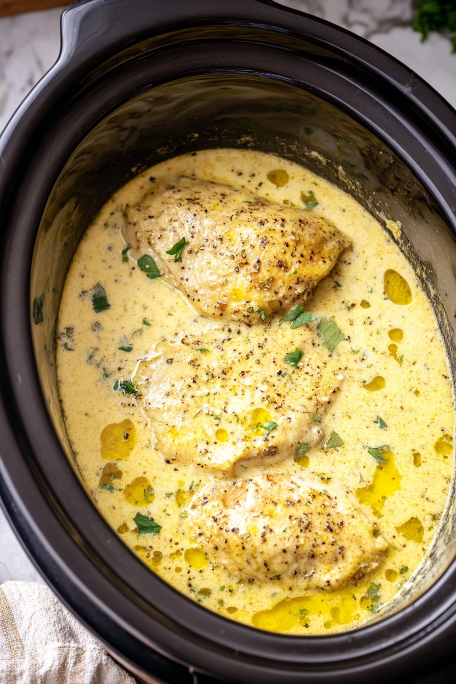 Creamy Crock Pot Angel Chicken, crock pot chicken recipes, easy slow cooker chicken, comforting chicken pasta dish, simple crockpot dinner - Inside a dark slow cooker, there is a creamy yellow sauce with black pepper and small green herb pieces scattered on top. Two pieces of golden brown chicken are partially covered by the sauce. The creamy sauce has a smooth texture with some small bubbles and herbs floating on the surface. The slow cooker is placed on a white marbled surface with part of a cloth visible on the side. photo taken with an iphone --ar 2:3 --v 7
