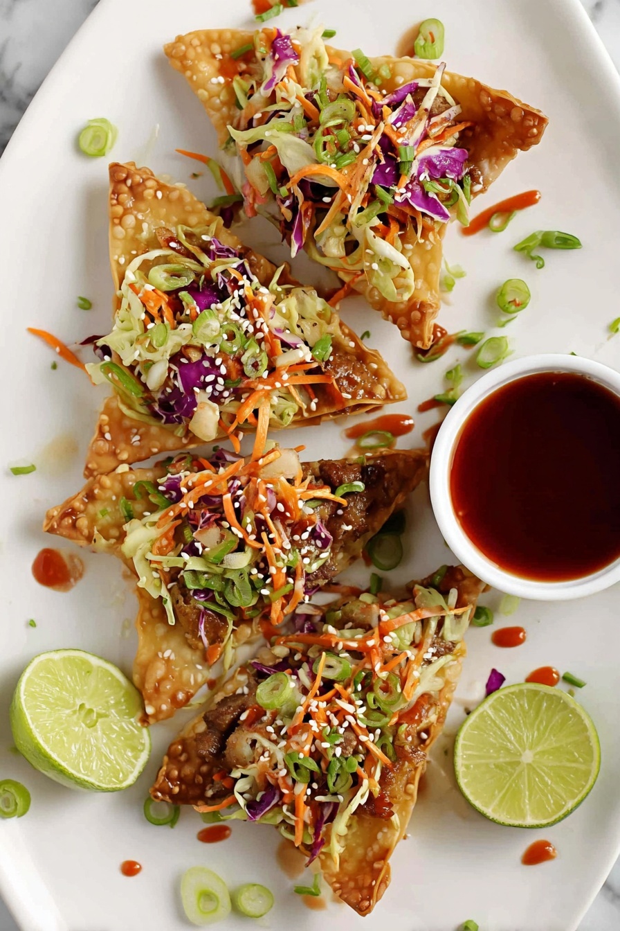 Chicken Wonton Tacos with Asian Slaw, easy Asian taco recipes, flavorful chicken tacos, crispy wonton shell tacos, quick weeknight dinner ideas - The image shows four triangular pieces of crispy wonton chips topped with a colorful mix of shredded cabbage, purple cabbage, thin carrot strips, and small bits of green herbs, creating a fresh and crunchy layer. Underneath the vegetable mix, there is a layer of cooked meat with a slightly browned texture peeking through. The toppings are sprinkled with white sesame seeds and a drizzle of a reddish sauce. Two lime wedges are placed on the white plate, one near the bottom left and one near the top right, next to a small white bowl filled with a dark red dipping sauce. Scattered green onion pieces and bits of vegetables decorate the plate around the wontons, all set on a white marbled surface. Photo taken with an iphone --ar 2:3 --v 7