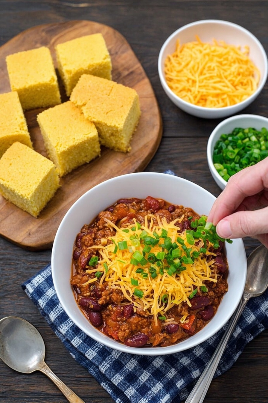 Slow Cooker Beef Chili, beef chili recipes, easy slow cooker chili, hearty beef chili, crowd-pleasing chili - A white bowl filled with chili made of beans and meat, topped with shredded yellow cheese and chopped green onions as the top layer; behind it, a small white bowl holds shredded yellow cheese, and a smaller white bowl contains more chopped green onions; to the left, there is a wooden cutting board with six evenly sliced square cornbreads arranged in two rows; in the foreground, a woman's hand sprinkles chopped green onions over the chili bowl; all items are placed on a dark wooden surface with a blue and white checkered cloth next to a spoon; photo taken with an iphone --ar 2:3 --v 7