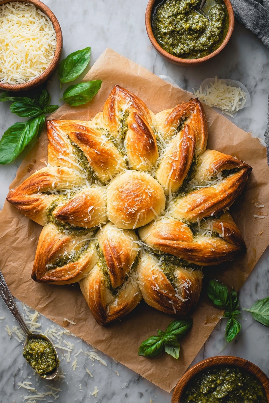 Pesto Star Bread with Parmesan, pesto bread, Parmesan bread recipe, star bread, Italian savory bread - A golden brown star-shaped bread with eight twisted points sits on a piece of brown parchment paper. Each point shows layers of dough filled with green pesto, visible as thin lines inside. The center is smooth and round with a slightly shiny texture. Around the bread, bright green basil leaves and scattered grated cheese add a fresh touch. A wooden bowl with green pesto and a spoon is to the bottom right, and another wooden bowl filled with grated cheese is at the top left, all placed on a white marbled surface. photo taken with an iphone --ar 2:3 --v 7