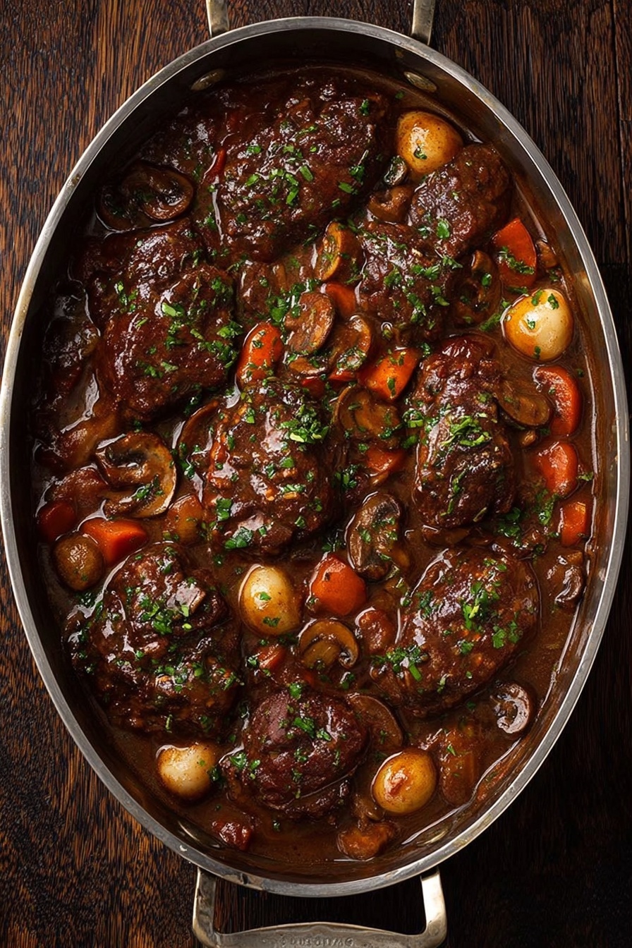 Coq au Vin, Coq au Vin with Chicken and Red Wine, French Chicken Stew, Classic French Coq au Vin, Hearty Chicken and Wine Dish - A large oval metal pot filled with rich dark brown stew showing seven pieces of thick cooked meat on top. The stew also has round golden onions, sliced brown mushrooms, and chunky orange carrot pieces mixed throughout, all covered with a thick, shiny sauce. Small green chopped herbs are sprinkled evenly over the entire dish. The pot sits on a dark wooden surface. photo taken with an iphone --ar 2:3 --v 7