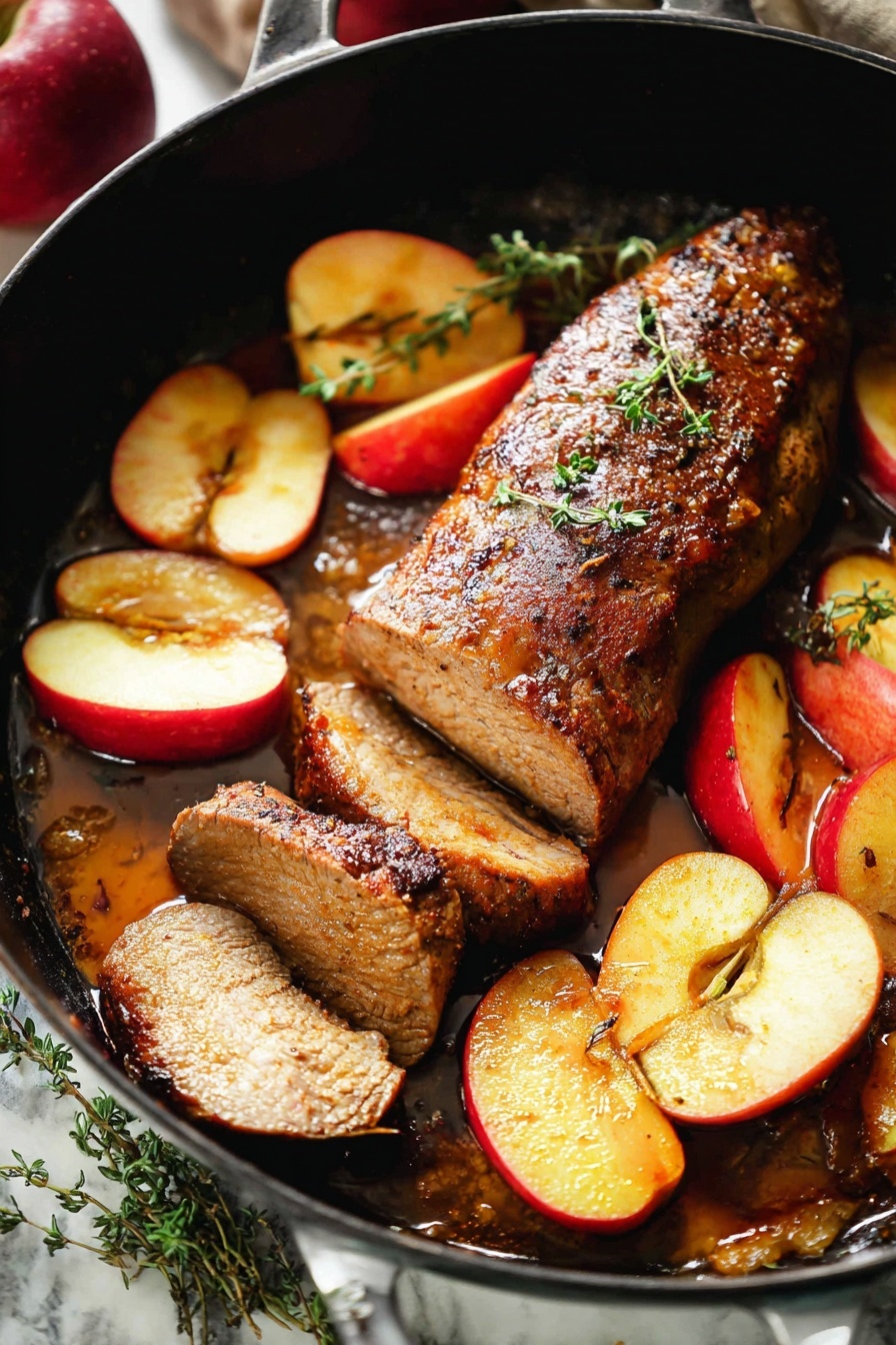 Brown Sugar Pork and Apples, pork and apple skillet, sweet and savory pork dinner, easy pork skillet recipe, comforting weeknight dinner - A black cast iron pan holds a cooked piece of meat placed in the center, with a well-browned, slightly charred surface showing a mix of deep brown and golden colors. Surrounding the meat are evenly spaced slices of red apple with their white flesh exposed, creating a ring around the meat. The pan sits on a white marbled surface. photo taken with an iphone --ar 2:3 --v 7